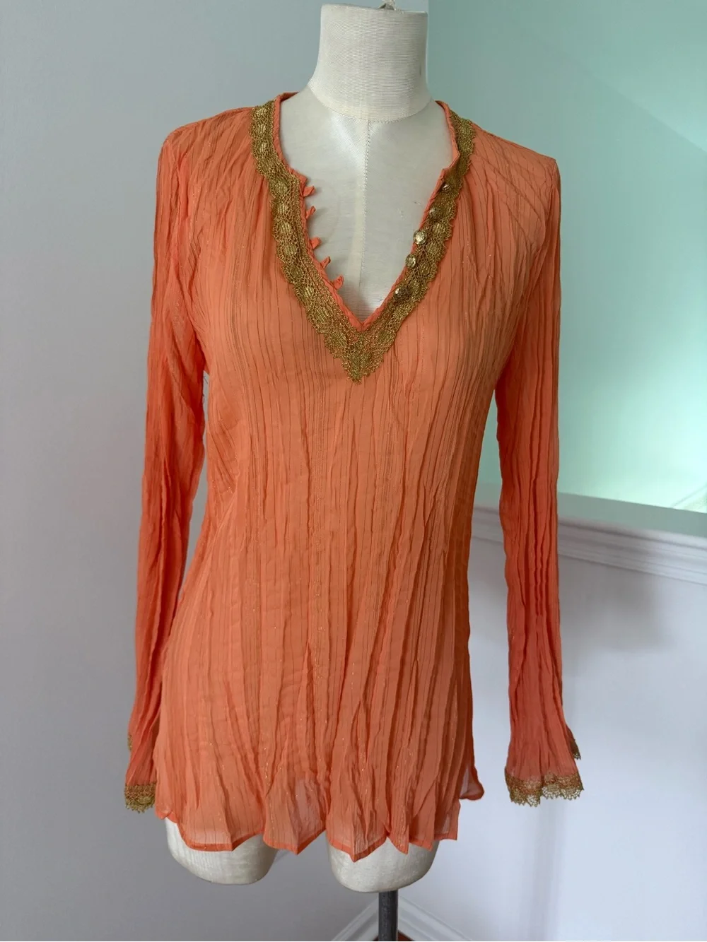 Cache Orange Crinkled V-Neck Tunic with Gold Trim - Picture 1 of 6